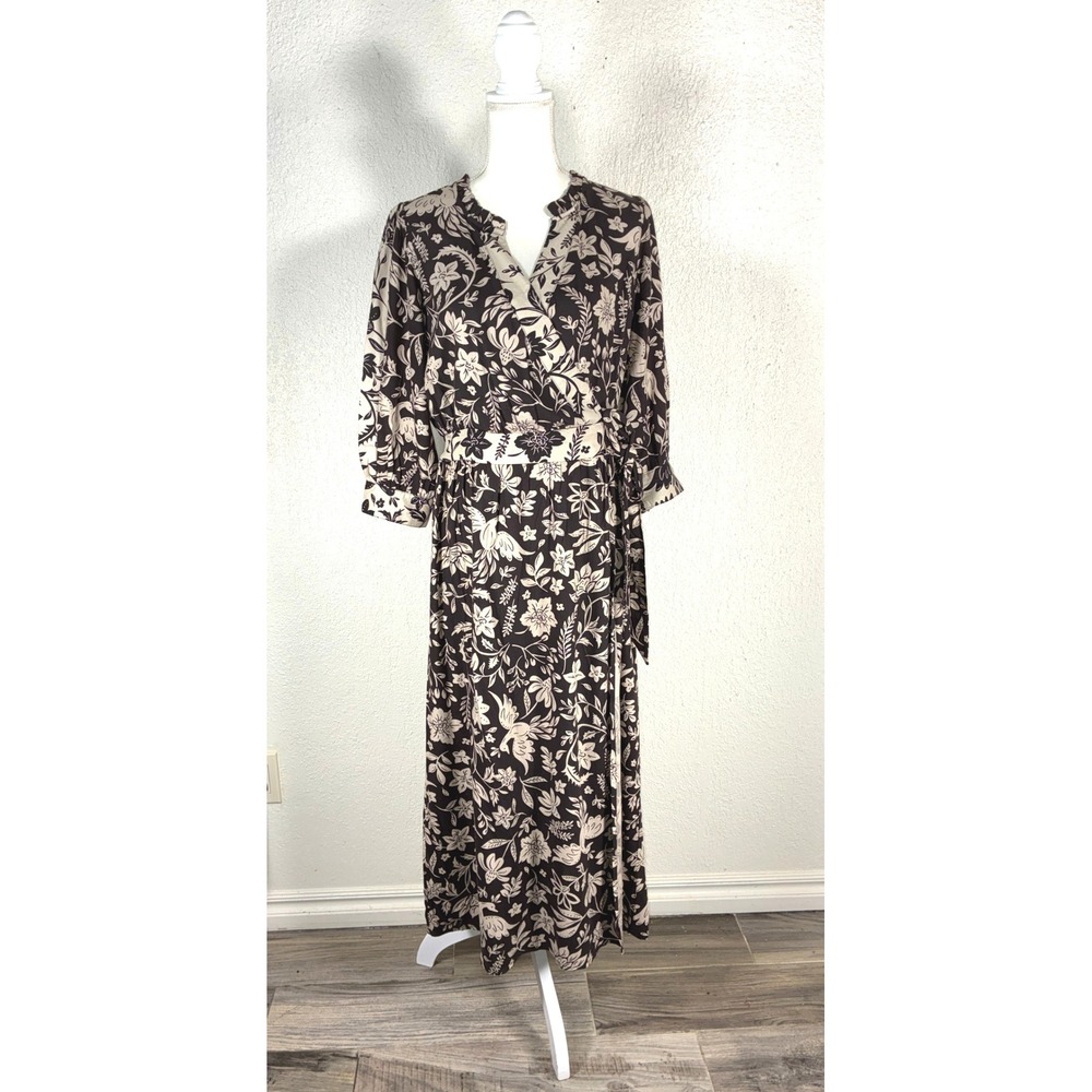 Harlow & Rose Brown Cream Floral Rayon Wrap Maxi Dress Womens Medium 3/4 Sleeve